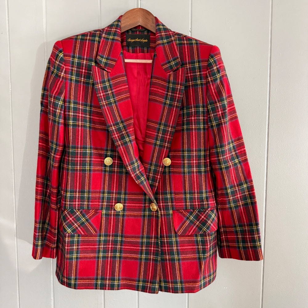 Giorgio Sant'Angelo Vintage Preppy Red Tartan Plaid Wool Blazer Gold Buttons Sz8